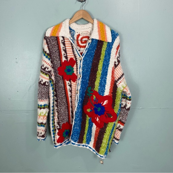 Free People Terry Towel Cardi Calypso Cardigan Sweater Floral Artsy XS - Picture 2 of 10